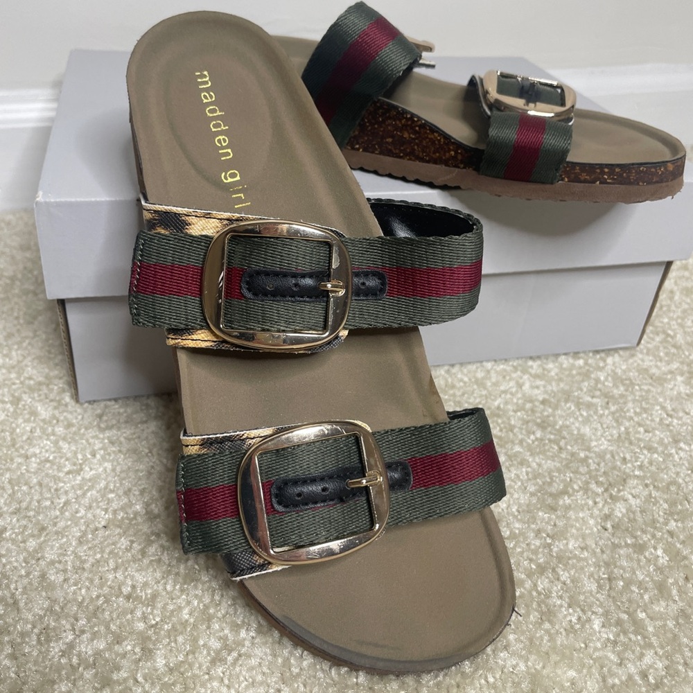 Madden Girl Green and Red Buckle Sandals